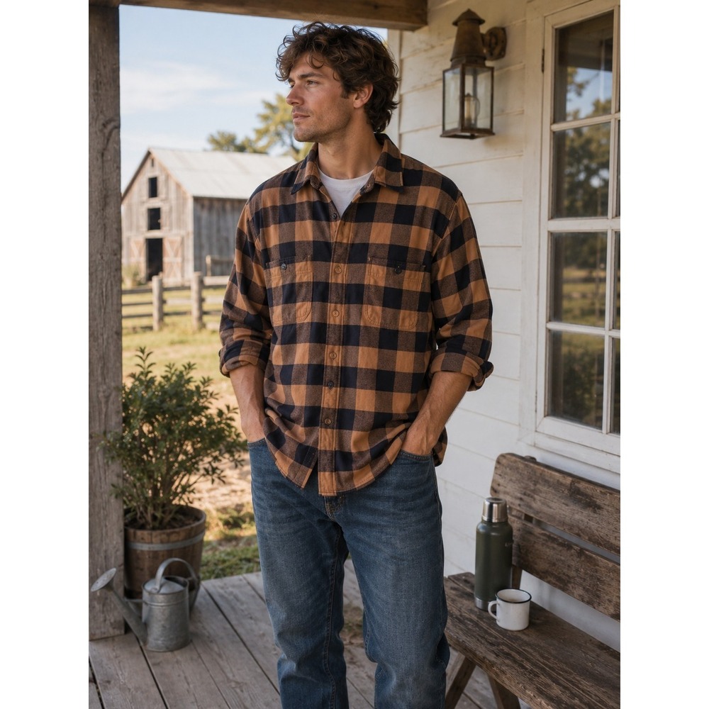 J.Crew Midweight Flannel Fall Casual Workshirt Brown Navy XL